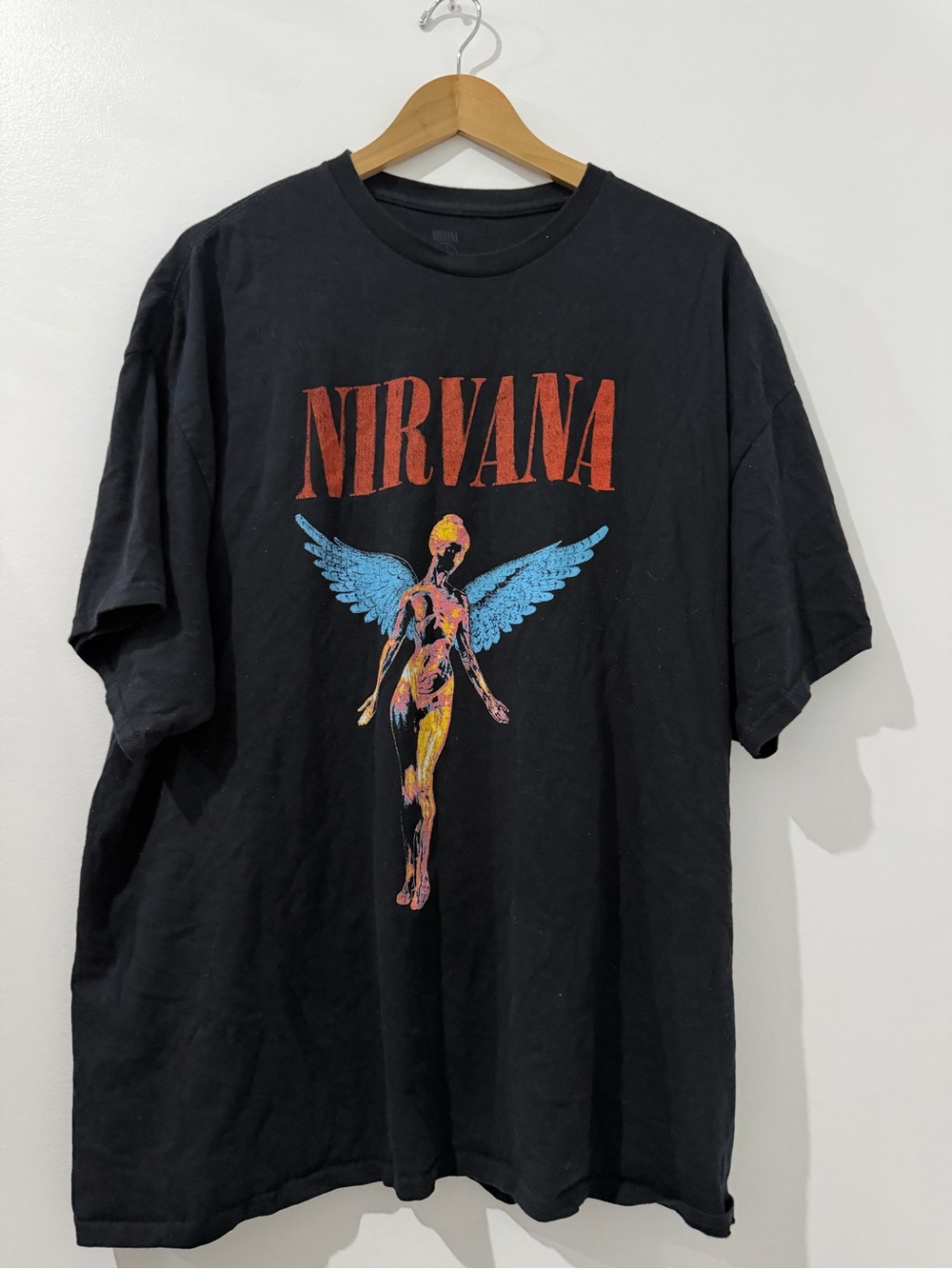 NIRVANA Black Tee with Red Logo & Blue Winged Angel